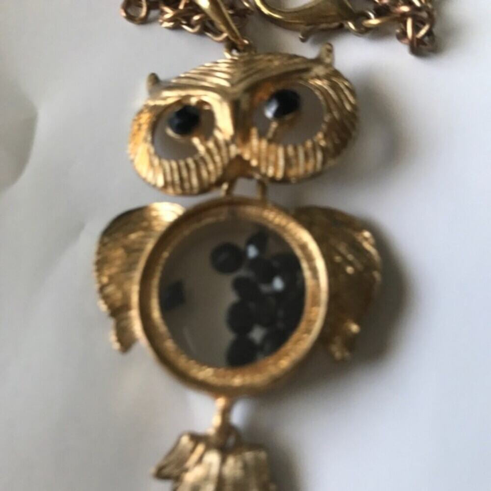 Owl Neckless Gold Tone Black Crystal Eyes